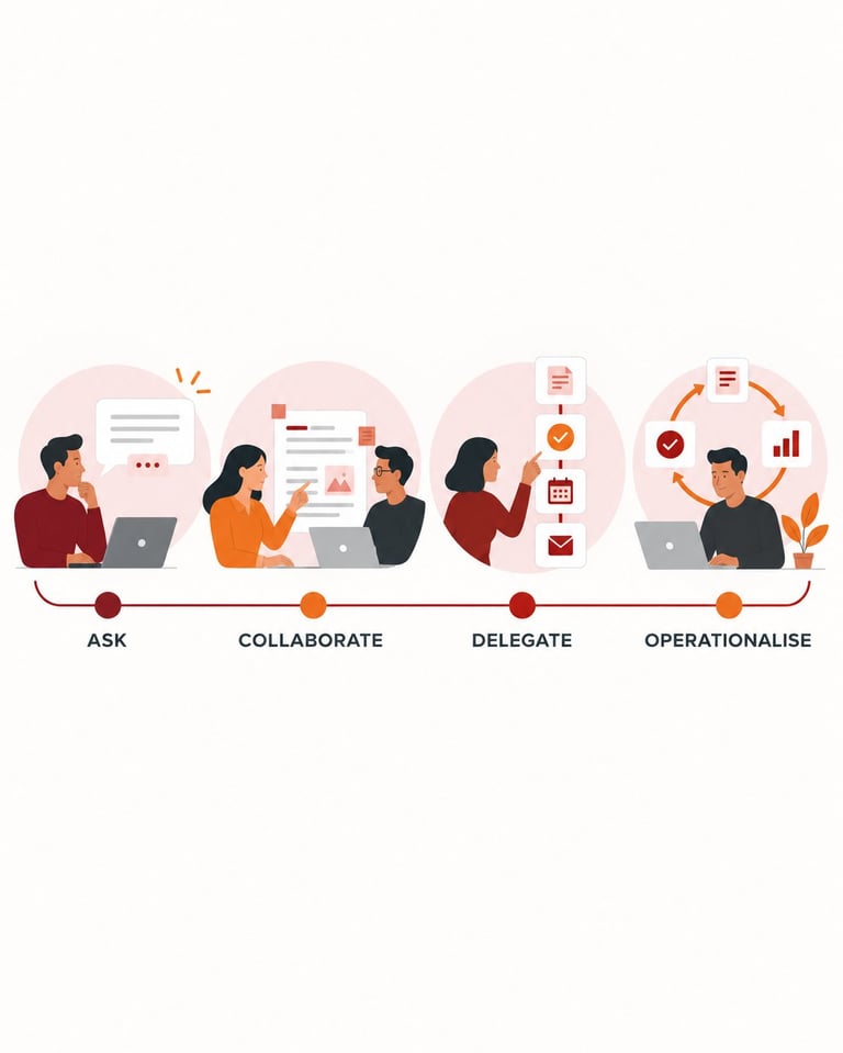 Infographic showing four stages of leadership delegation: Ask, Collaborate, Delegate, and Operationalise, with illustrated people and icons.